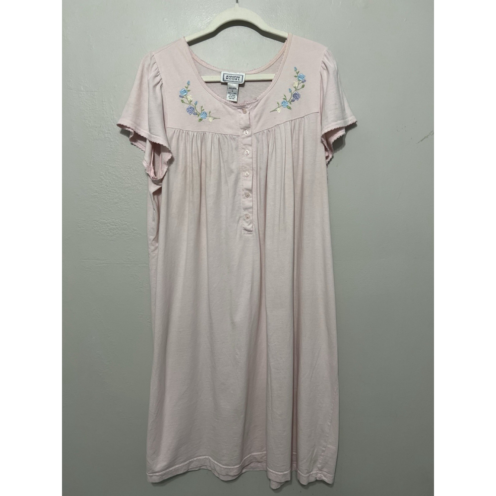 House Dress Nightgown Mumu XL‎ Pale Pink Pleated Embroidered Floral Grandma Vtg